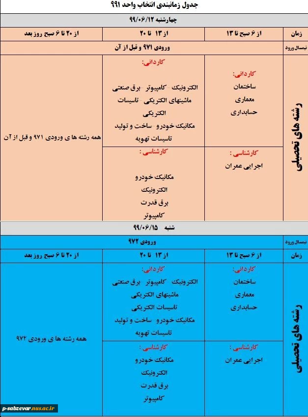 اطلاعیه مهم در خصوص بازه انتخاب واحد 991 2