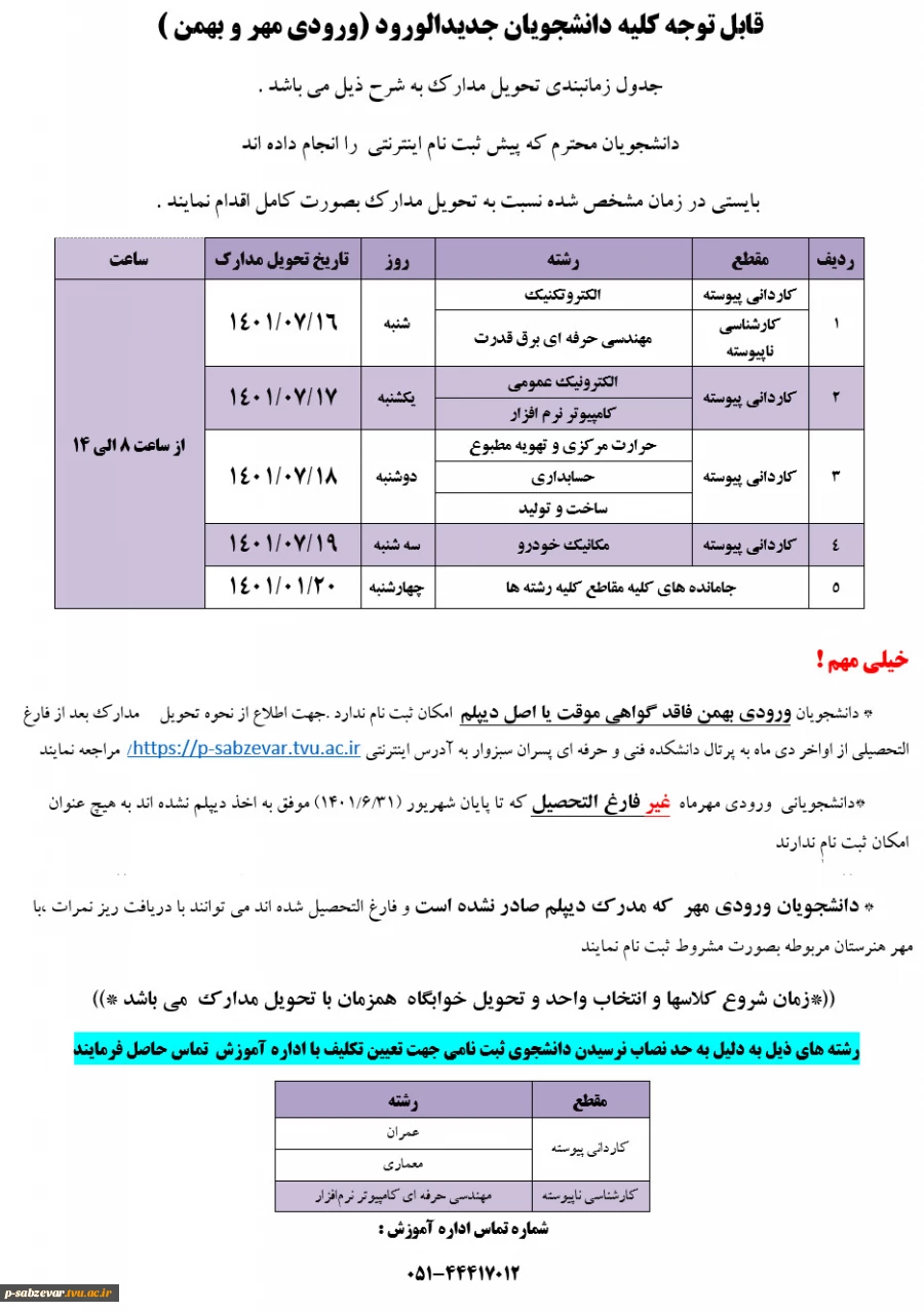 اطلاعیه تحویل مدارک