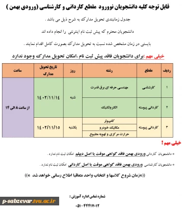 اطلاعیه  تحویل مدارک دانشجویان مقطع کاردانی و کارشناسی